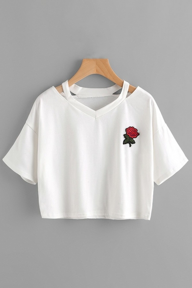 Leisure Womens Crop T-Shirt Hollow Out Rose Embroidery Short Sleeve Loose Fit T-Shirt