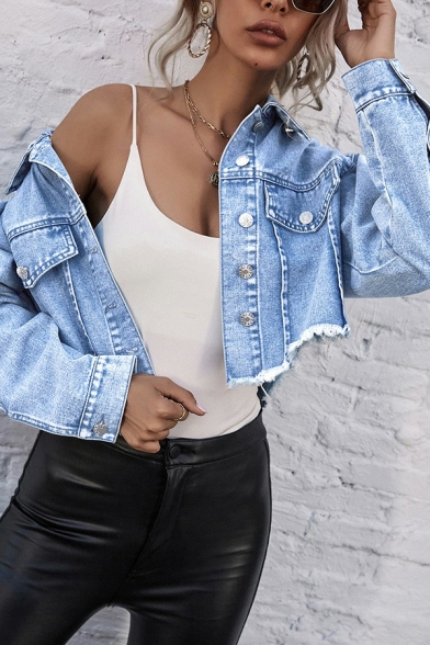 Leisure Womens Jacket Solid Lapel Collar Single Breasted Long Sleeve Cropped Denim Jacket