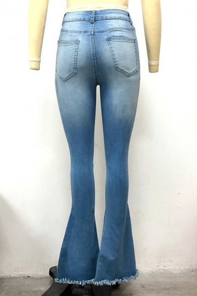 Leisure Womens Jeans Midwash Blue Button Closure High Rise Ripped Fringe Flare Denim Pants