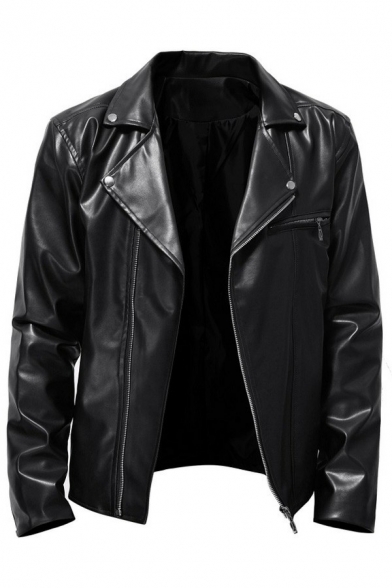 Men Boyish Jacket Whole Colored Zip Closure Chest Pocket Spread Collar Leather Jacket
