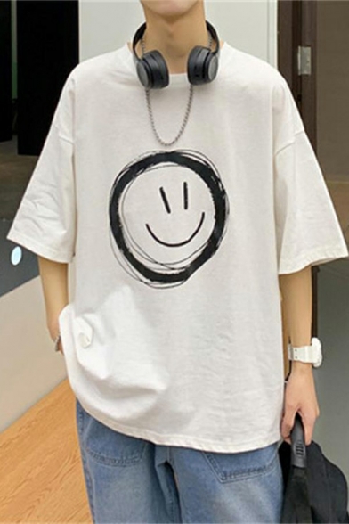 Men's Dashing T-Shirt Smiley Print Half Sleeve Round Neck Loose Fit T-Shirt