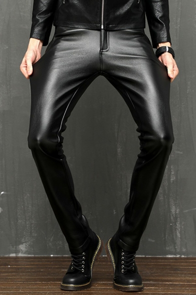 Men Vintage Pants Whole Colored Zip Fly Full Length Slim Fit Front Pocket Leather Pants