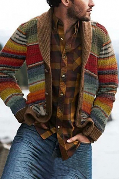 Mens Popular Knit Cardigan Long Sleeve Shawl Collar Open Front Stripe Print Fitted Knit Cardigan