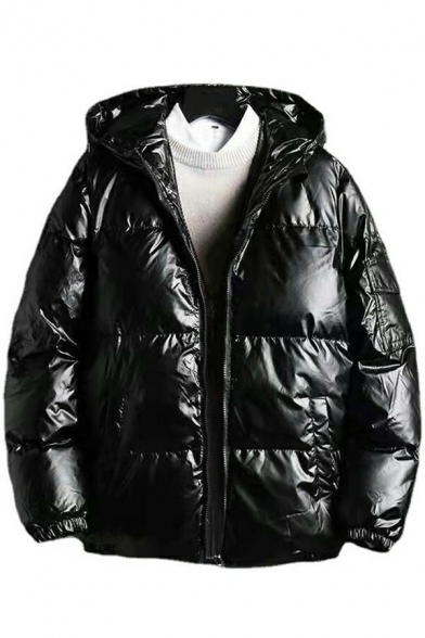Mens Popular Padded Coat Pure Color Pocket Detail Zip Closure Loose Fit Padded Coat with Hood