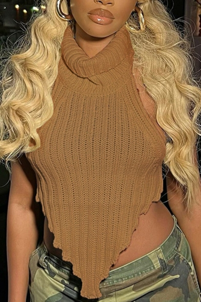 Sexy Ladies Sweater Solid Turtleneck Sleeveless Backless Irregular Hem Cropped Sweater