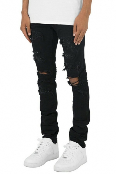 Stylish Mens Jeans Medium Wash Button Placket Pocket Detail Distressed Design Slim Fitted Jeans