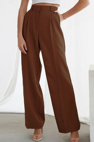 Stylish Womens Pants Solid Color Zipper Closure High Rise Long Straight Wide Leg Pants