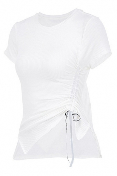 Stylish Womens T-Shirt Plain Crew Neck Irregular Hem Short Sleeve Slim Fit Ruched Tee Top