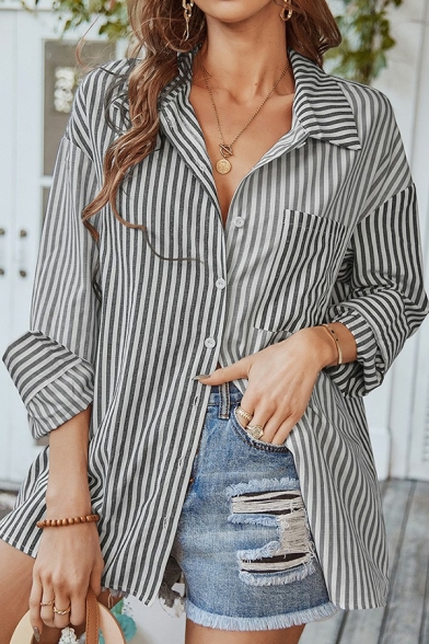 Trendy Womens Shirt Stripe Print Spread Collar Button Closure Long Sleeve Regular Fit Shirt