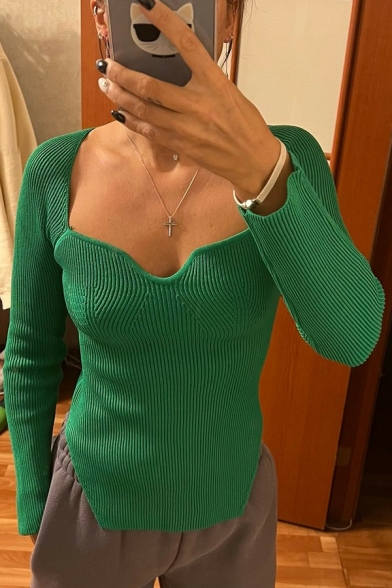 Unique Womens Knit Top Solid Color Sweetheart Neckline Slim Fit Long-Sleeved Knit Top