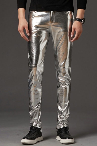 Vintage Mens Pants Plain PU Leather Pocket Detail Mid Rise Full Length Skinny Fit Pants
