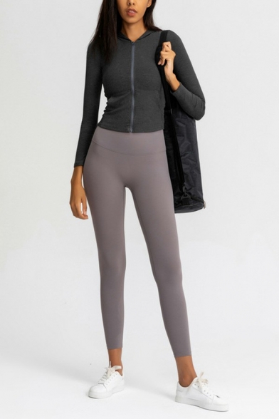 Womens Sportwear Jacket Pure Color Zipper Closure Skinny Fit Hooded Yoga Jacket