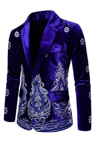Basic Blazer Floral Print Slim Lapel Collar Single Button Corduroy Suit Blazer for Men