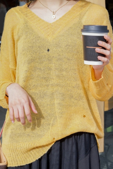 Basic Womens Knit Top Solid Color V Neck Long Sleeve Relaxed Fit Pullover Knit Top in Yellow