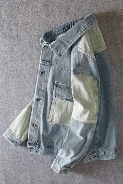 Boy's Street Look Jacket Contrast Sitching Patched Stand Collar Fitted Button Denim Jacket