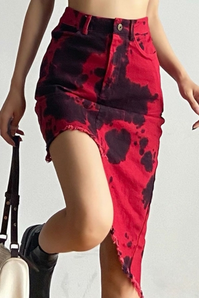 Creative Womens Asymmetrical Skirt High Rise Tie Dye Print Zipper Closure Midi Skirt