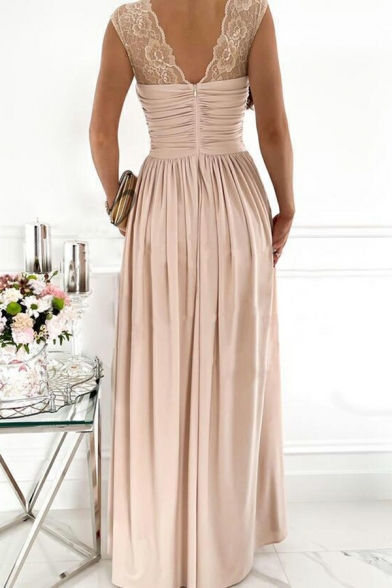 Faddish Womens Pleated Dress Solid Color Deep V Neck Slit Side Sleeveless Dress Maxi Dress