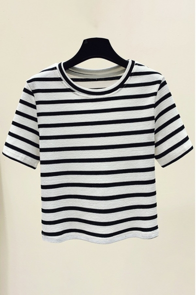 Fashion Knit Top Round Neck Striped Pattern Short Sleeve Relaxed Fit Knit Top for Women
