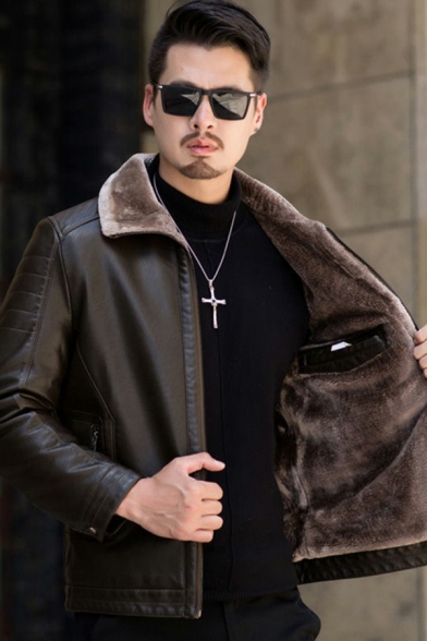 Guy's Creative Jacket Pure Color Spread Collar Long-Sleeved Fitted Zip Leather Fur Jacket