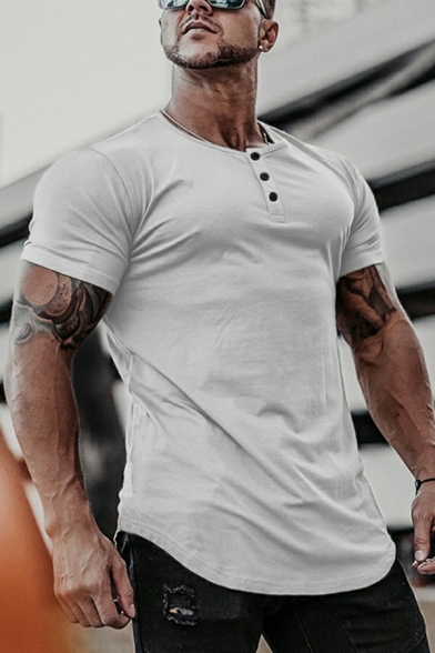 Men's Basic T-Shirt Solid Color Short Sleeve Curved Hem Button Detail Regular Fit T-Shirt