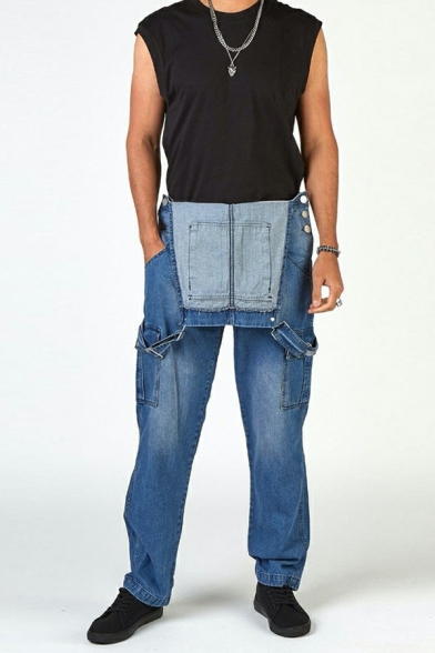 Men's Simple Denim Overalls Pure Color Kangaroo Pocket Regular Fit Denim Bib Overalls in Blue
