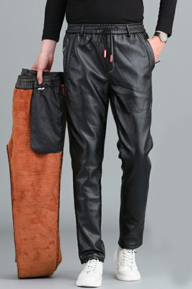 Modern Guys Pants Camo Patterned Drawcord Waist Side Pocket Full Length Leather Pants