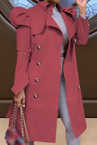 Modern Ladies Trench Coat Plain Lapel Collar Double Breasted Puff Sleeve Tied Waist Long Trench Coat