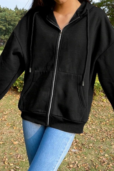 Retro Hoodie Plain Pocket Long Sleeves Relaxed Hooded Drawstring Zipper Hoodie for Girls