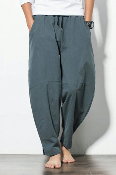 Retro Pants Pure Color Mid Rise Regular Ankle Length Drawstring Pants for Men