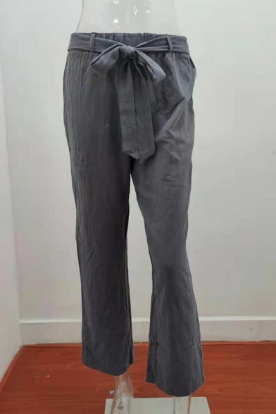 Simple Womens Plain Pants Cotton and Linen Elastic Waist Long Straight Wide Leg Pants with Belt