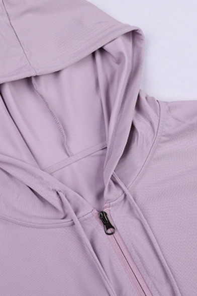 Sporty Plain Hooded Jacket Drawstring Quick Dry Zipper Closure Loose Fit Fitness Jacket for Women