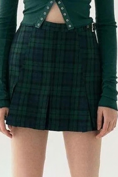 Stylish Womens Pleated Skirt Plaid Pattern Mini Skirt with Buckle