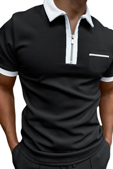 Trendy Men's Polo Shirt Contrast Trim Zip Short Sleeve Slim Fit Chest Pocket Polo Shirt