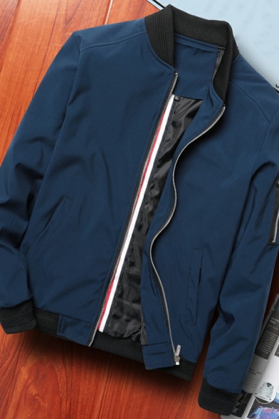 Trendy Mens Baseball Jacket Pure Color Stand Collar Skinny Zip Placket Baseball Jacket