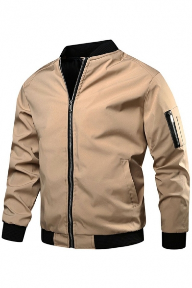 Trendy Mens Baseball Jacket Pure Color Stand Collar Skinny Zip Placket Baseball Jacket