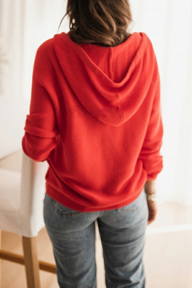 Casual Womens Hooded Sweater Solid Color Drawstring Button Detail Long Sleeve Loose Fit Knit Top