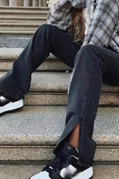Casual Womens Jeans Black Zip Closure High Waist Split Hem Straight Denim Pants