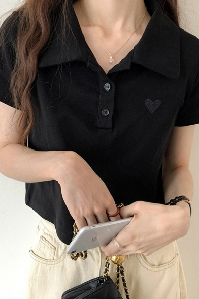 Casual Womens Polo Shirt Spread Collar Heart Embroidery Short Sleeve Slim Fit Polo Shirt