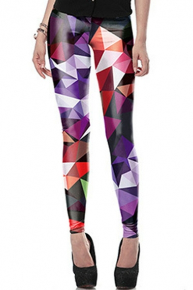 Chic Womens Pants 3D Geometric Print Mid Waist Ankle Length Slim Fit Pants