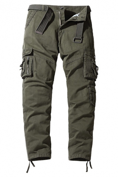 Dashing Mens Cargo Pants Plain Zip Placket Mid Rise Regular Fit Cargo Pants with Pocket