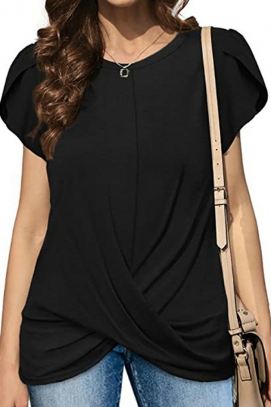 Designer Draped T-Shirt Pure Color Round Collar Loose Fit Ruffled Short Sleeve for Women