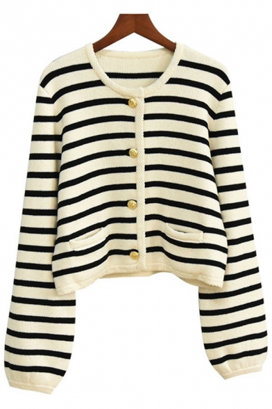Edgy Womens Sweater Striped Pattern Round Neck Single Breasted Long Sleeve Cropped Cardigan