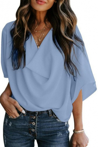 Elegant Womens T-Shirt Solid V-Neck Half Sleeve Draped T-Shirt