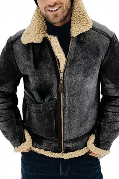 Fancy Jacket Color Block Long Sleeves Fitted Spread Collar Zip Leather Fur Jacket for Men