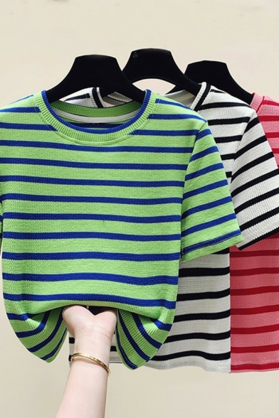 Fashion Knit Top Round Neck Striped Pattern Short Sleeve Relaxed Fit Knit Top for Women