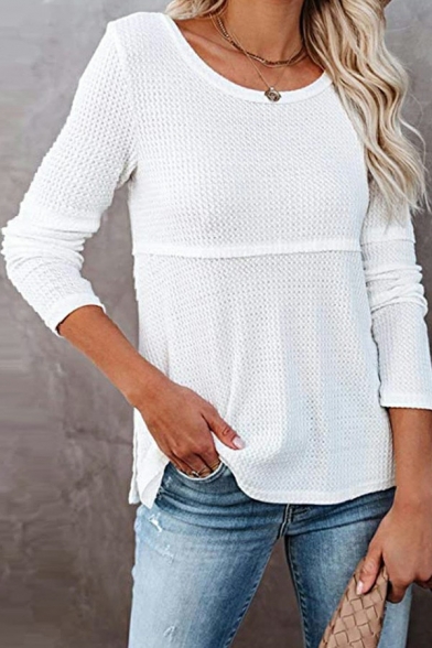 Leisure Plain Waffle Sweater Round Neck Hollow Out Long Sleeve Slim Fit Pullover Sweater for Women