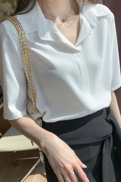 Leisure Womens Shirt Plain Spread Collar Single Breasted Short Sleeve Shirt