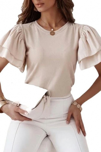 Leisure Womens T-Shirt Solid Color Round Neck Ruffles Detail Short Sleeve Slim Fit T-Shirt