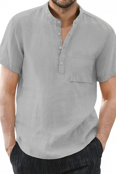 Mens Trendy Shirt Pure Color Round Collar Short Sleeve Regular Fitted Button down Shirt