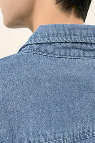 Modern Men Jacket Plain Button Closure Turn-down Collar Pocket Detail Denim Jacket